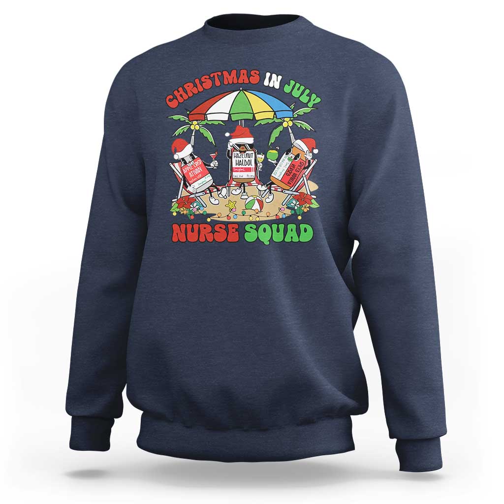 Navy crewneck sweatshirt with colorful Nurse Squad holiday graphic on front