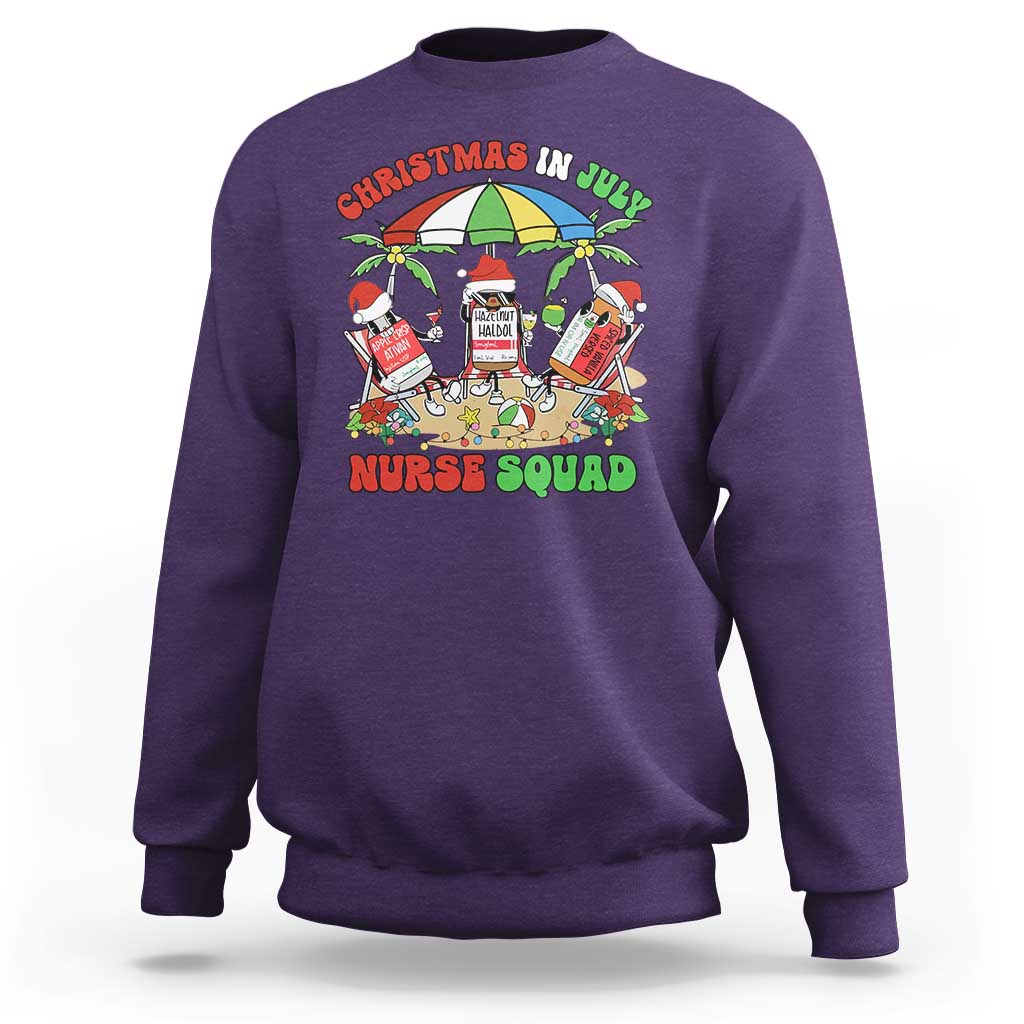 Purple crewneck sweatshirt with colorful Nurse Squad holiday graphic on front