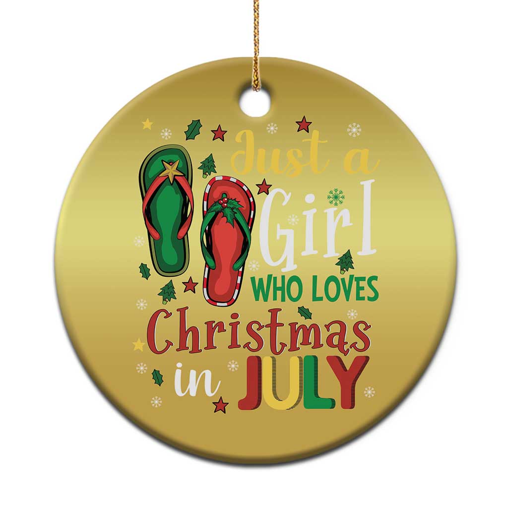 Gold circular Christmas ornament with flip-flop graphic and “Christmas in July” text