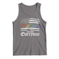 Gray pride tank top with stars-and-stripes graphic and 'means Everyone' lettering