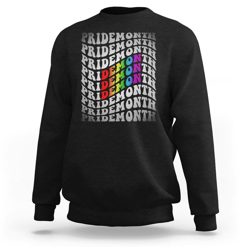 Black crewneck graphic sweatshirt with stacked PRIDEMONTH text and multicolor design