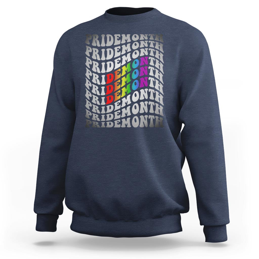 Navy crewneck graphic sweatshirt with stacked PRIDEMONTH text and multicolor design