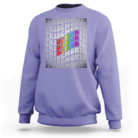 Violet crewneck graphic sweatshirt with stacked PRIDEMONTH text and multicolor design