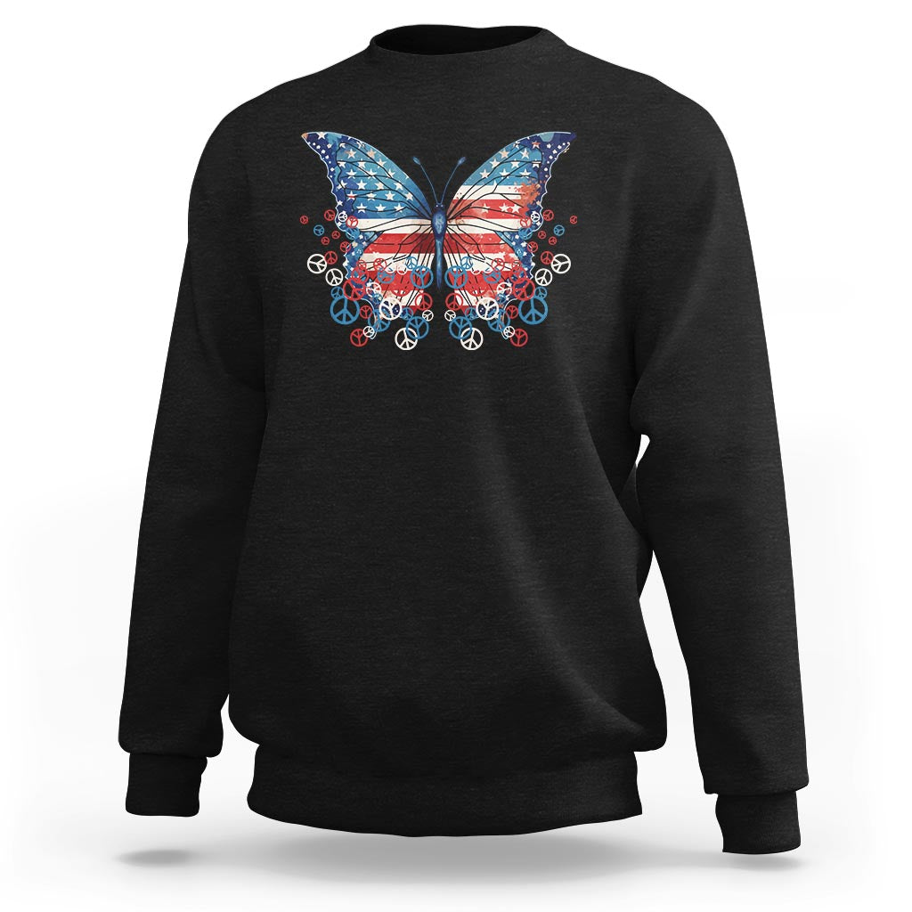 Black sweatshirt with butterfly graphic and patriotic peace-sign pattern on front
