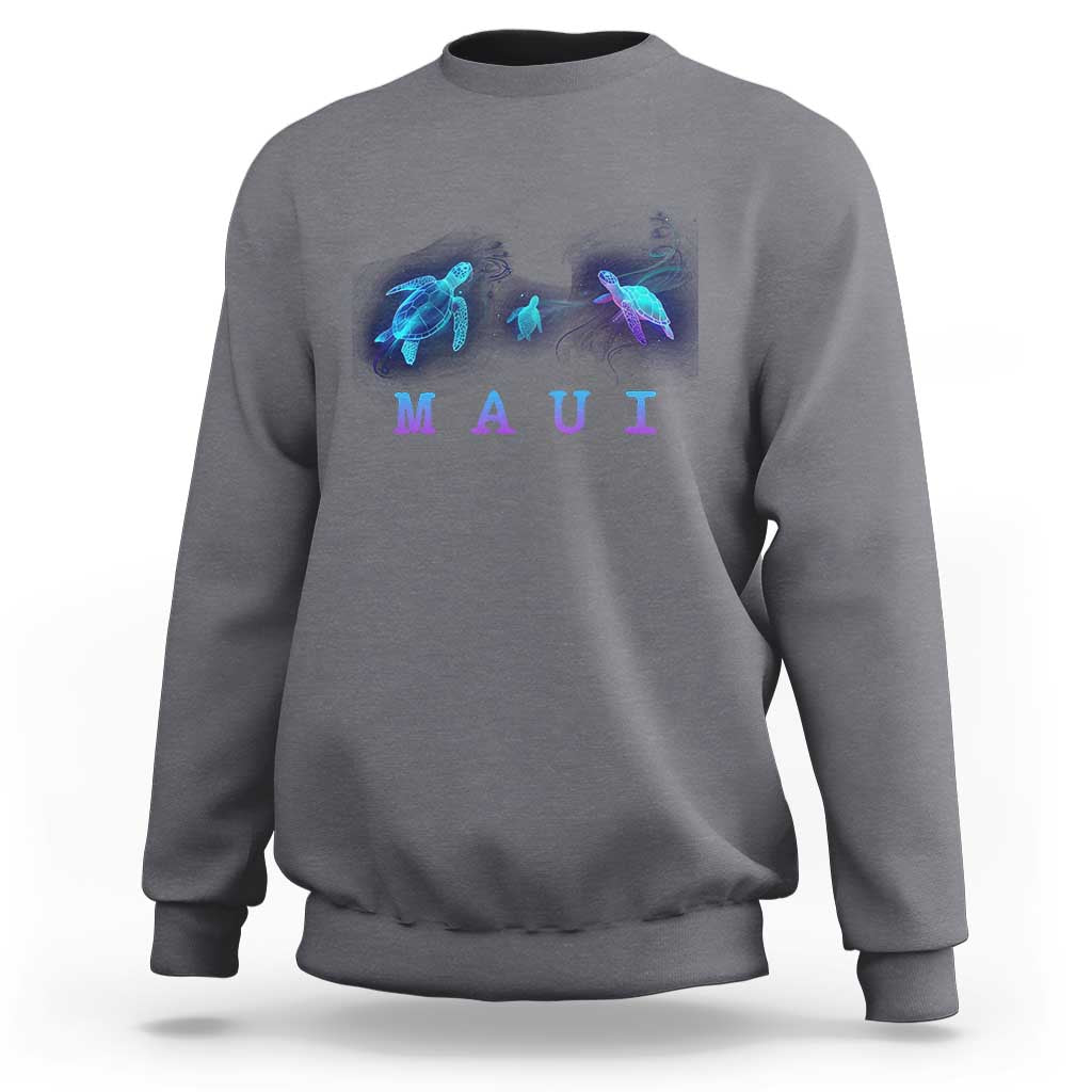 Dark gray crewneck sweatshirt with neon sea turtle and 'MAUI' ocean graphic