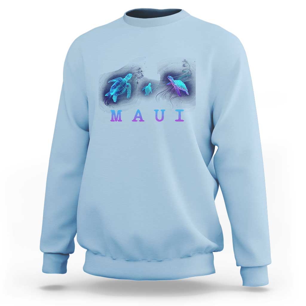 Light blue crewneck sweatshirt with neon sea turtle and 'MAUI' ocean graphic