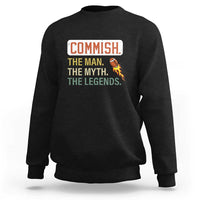 Black crewneck sweatshirt with Commish graphic text