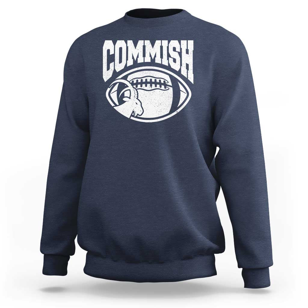 Navy crewneck sweatshirt with 'COMMISH' football and goat graphic on front