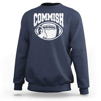 Navy crewneck sweatshirt with 'COMMISH' football and goat graphic on front