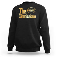 Black crewneck sweatshirt with 'The Commissioner' football graphic.