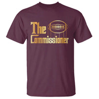 Maroon fantasy football crew-neck T-shirt with 'The Commissioner' football graphic