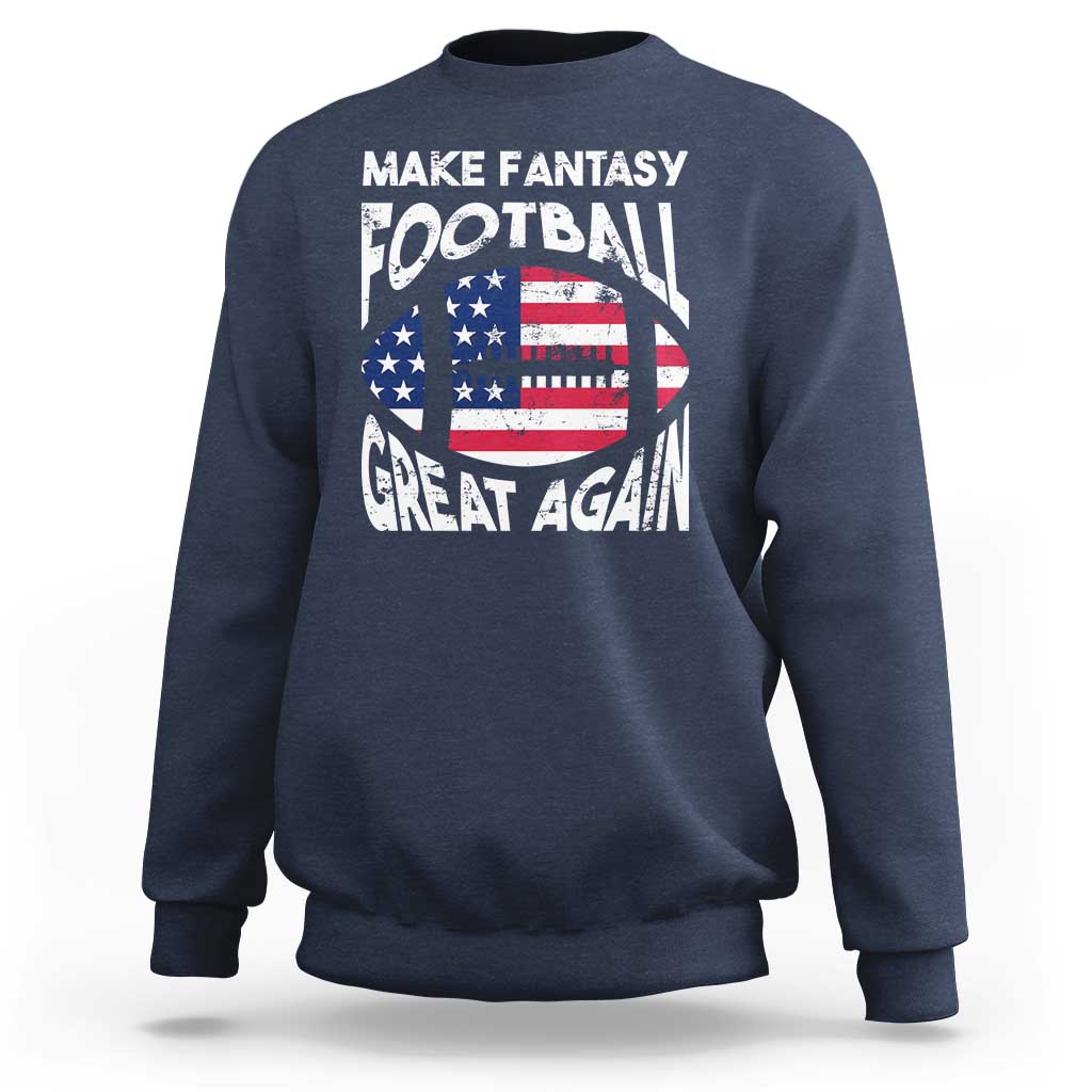 Navy crewneck sweatshirt with 'Make Fantasy Football Great Again' flag graphic