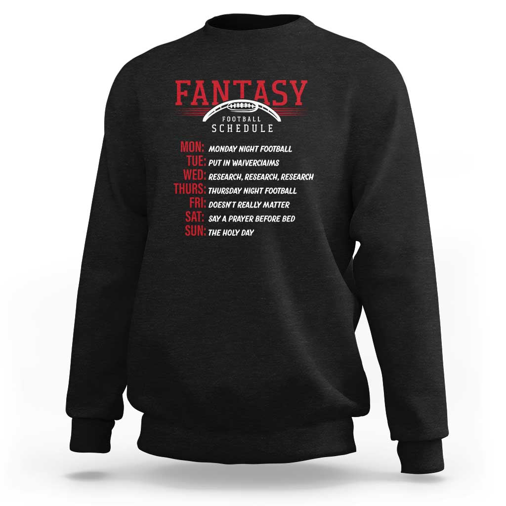 Back view fantasy football schedule sweatshirt, black with red football text graphic