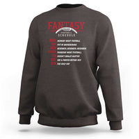 Back view fantasy football schedule sweatshirt, dark gray with red football text graphic