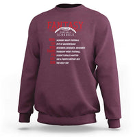 Back view fantasy football schedule sweatshirt, maroon with red football text graphic
