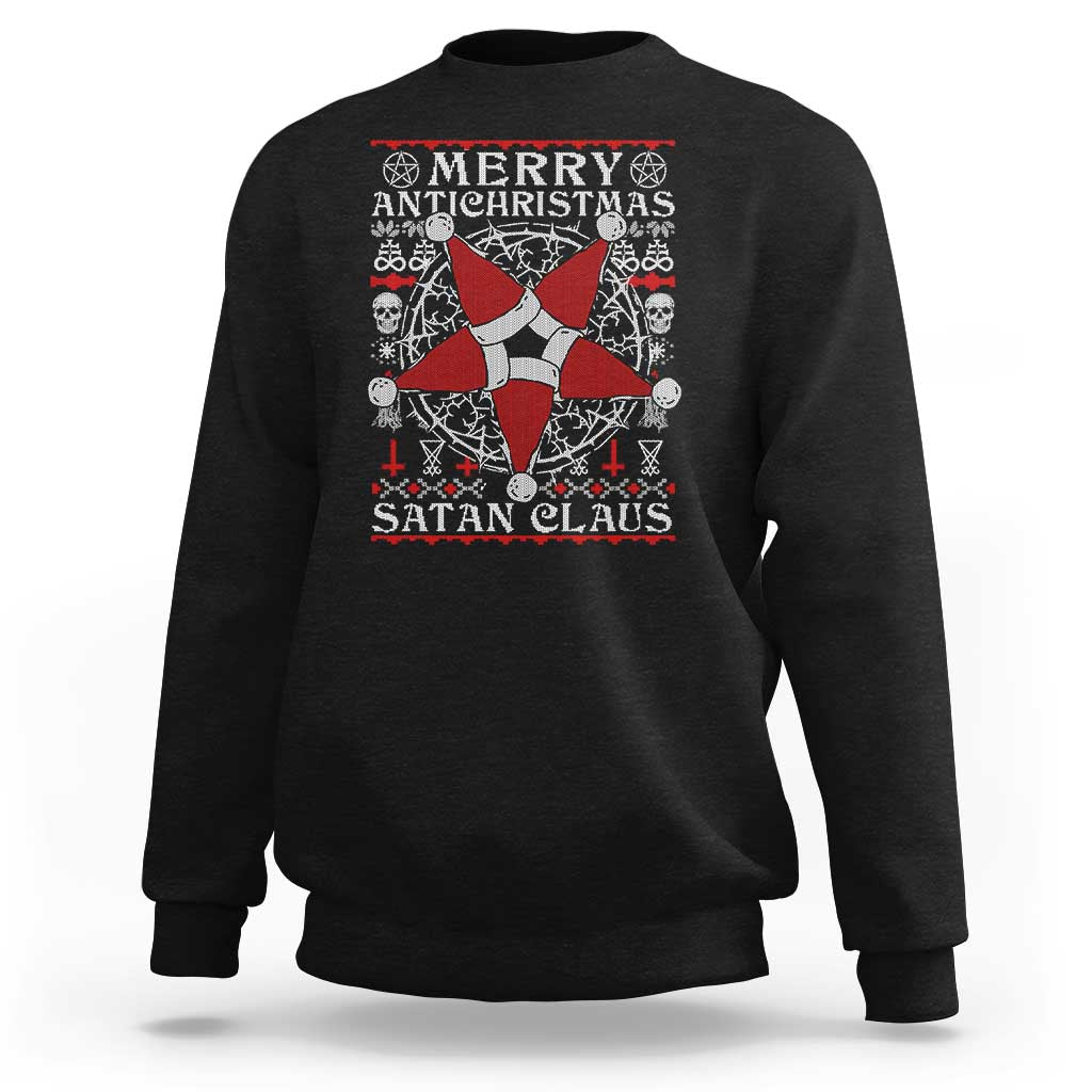 Black crewneck sweatshirt with anti-Christmas Santa graphic and “MERRY ANTI CHRISTMAS” text