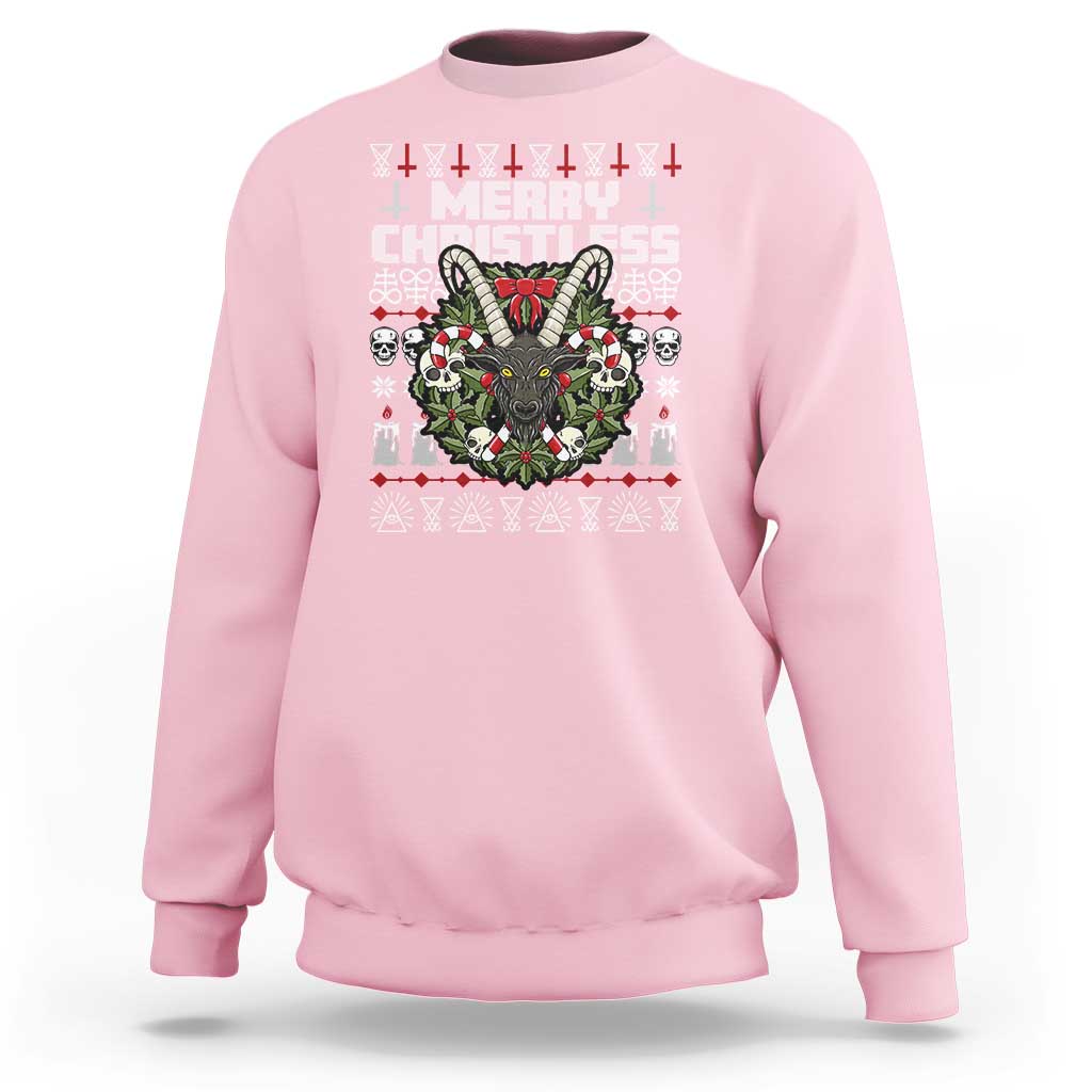 Light pink crewneck sweatshirt with Merry Christless graphic and wreath illustration