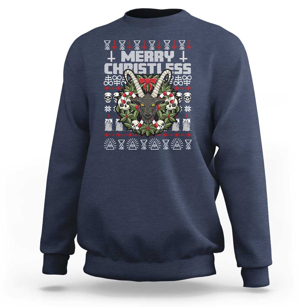Navy crewneck sweatshirt with Merry Christless graphic and wreath illustration