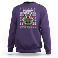 Purple crewneck sweatshirt with Merry Christless graphic and wreath illustration