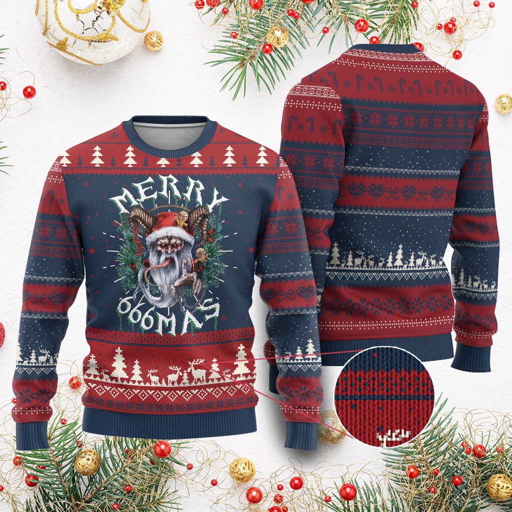 Christmas sweater with Merry design, striped knit, long sleeves in navy and red