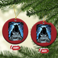 Two red circular Krampus ornaments with blue haunted house graphic, plus front and back labels
