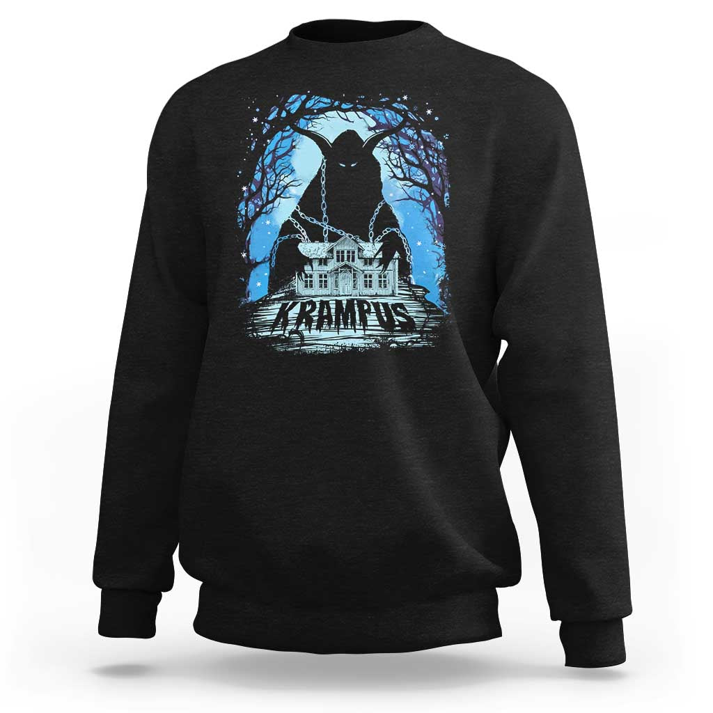 Black crewneck sweatshirt with Krampus night house graphic and blue trees on chest.