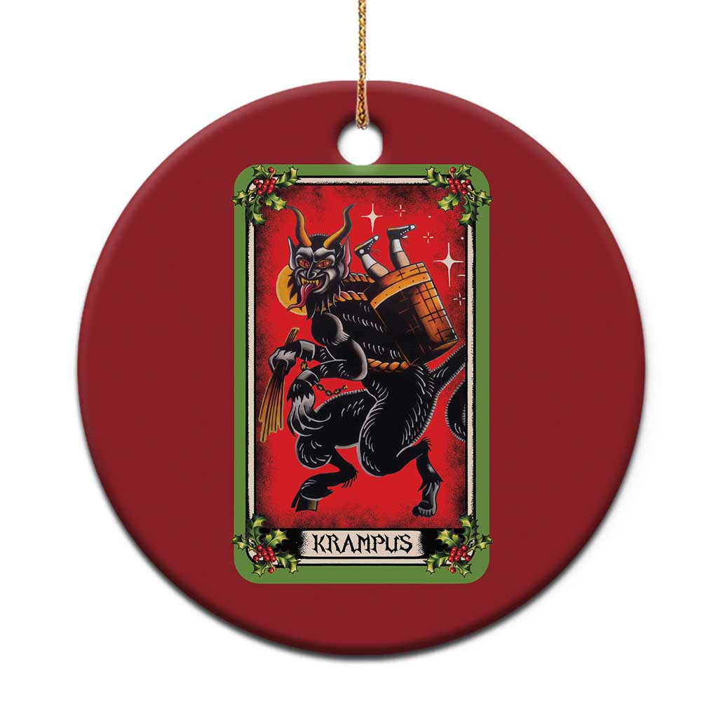 Red circular Krampus ornament with gold loop and framed tarot-style illustration
