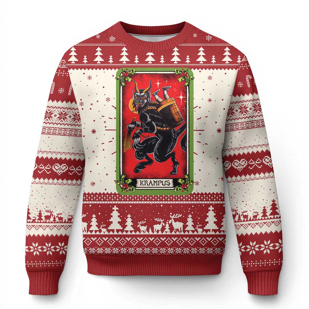 Krampus ugly Christmas sweater in red with central tarot card and festive tree knit