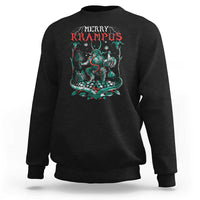 Black crewneck sweatshirt with Merry Krampus front graphic, long sleeves, ribbed cuffs and hem