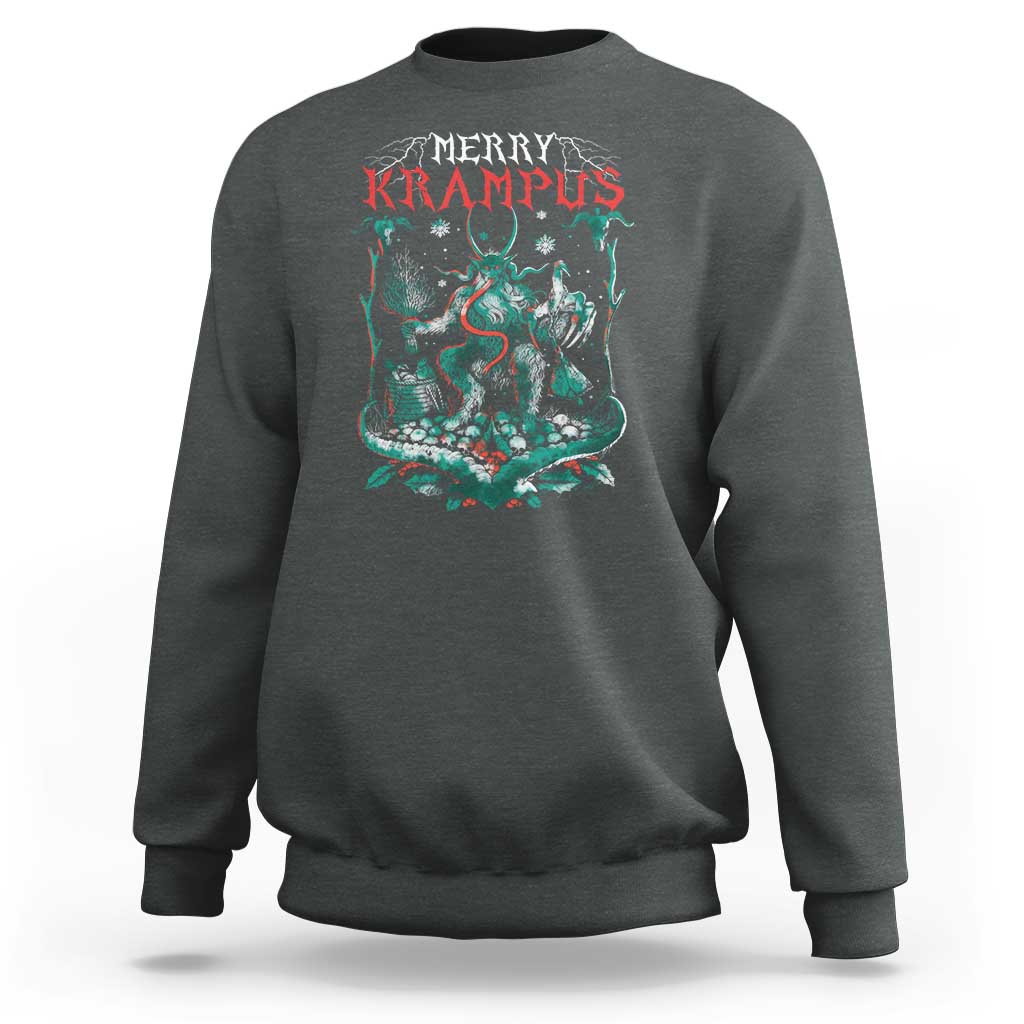 Dark heather gray crewneck sweatshirt with Merry Krampus front graphic, ribbed cuffs and hem