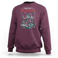 Maroon crewneck sweatshirt with Merry Krampus front graphic, long sleeves and ribbed hem