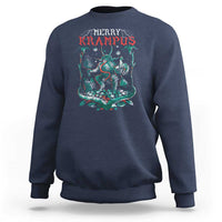 Navy crewneck sweatshirt with Merry Krampus front graphic, long sleeves, ribbed cuffs and hem