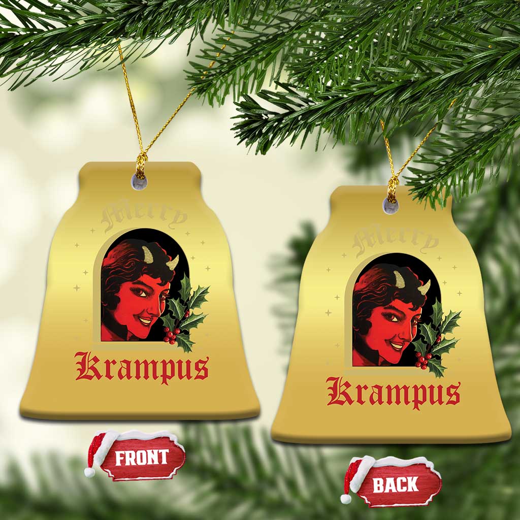 Gold bell-shaped hanging Christmas ornament with red-and-black horned female face and holly
