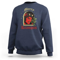 Slate blue Krampus sweatshirt with Merry Krampus graphic on the front
