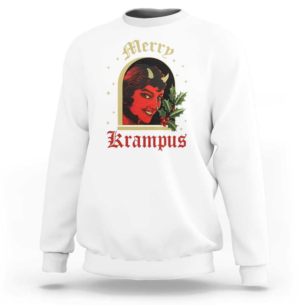 White Krampus sweatshirt with Merry Krampus graphic on the front