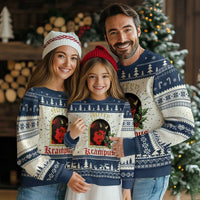 Navy and cream ugly Christmas sweater with Krampus portrait on front, long sleeves