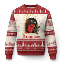 Red and cream ugly Christmas sweater with Krampus face graphic and festive border