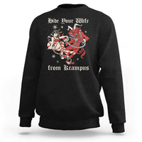 Black crewneck Christmas sweatshirt with red Krampus graphic and text 'Hide Your Wife'