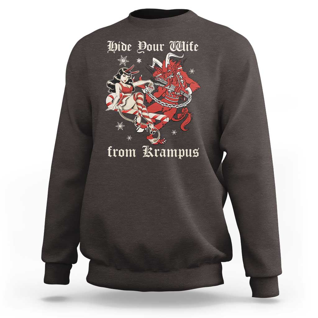 Charcoal gray crewneck Christmas sweatshirt with red Krampus graphic and text 'Hide Your Wife'