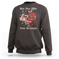 Charcoal gray crewneck Christmas sweatshirt with red Krampus graphic and text 'Hide Your Wife'