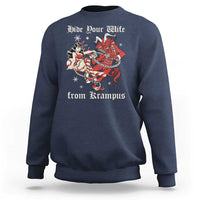 Navy crewneck Christmas sweatshirt with red Krampus graphic and text 'Hide Your Wife'