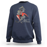 Men's navy Christmas sweatshirt with Krampus graphic and red text on front