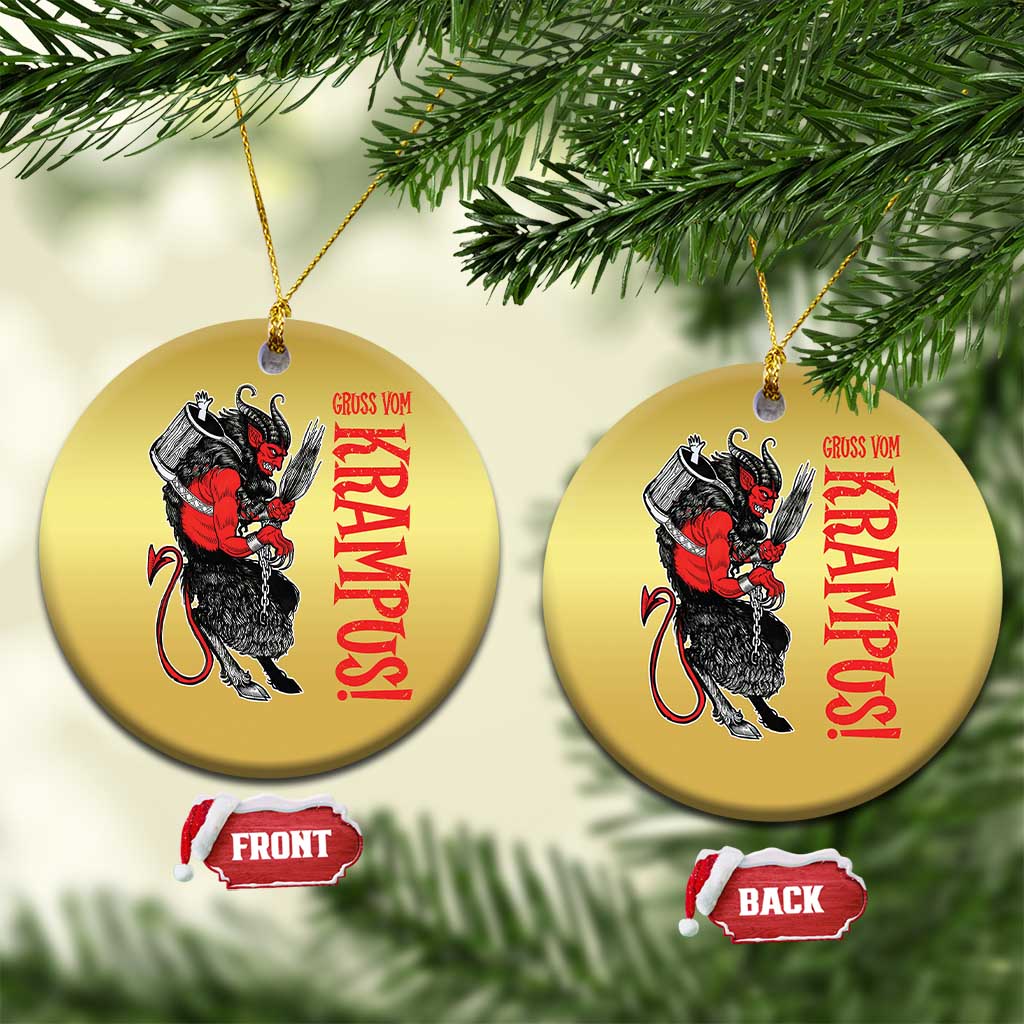 Gold round Krampus ornaments, front and back views with red text; FRONT and BACK tags