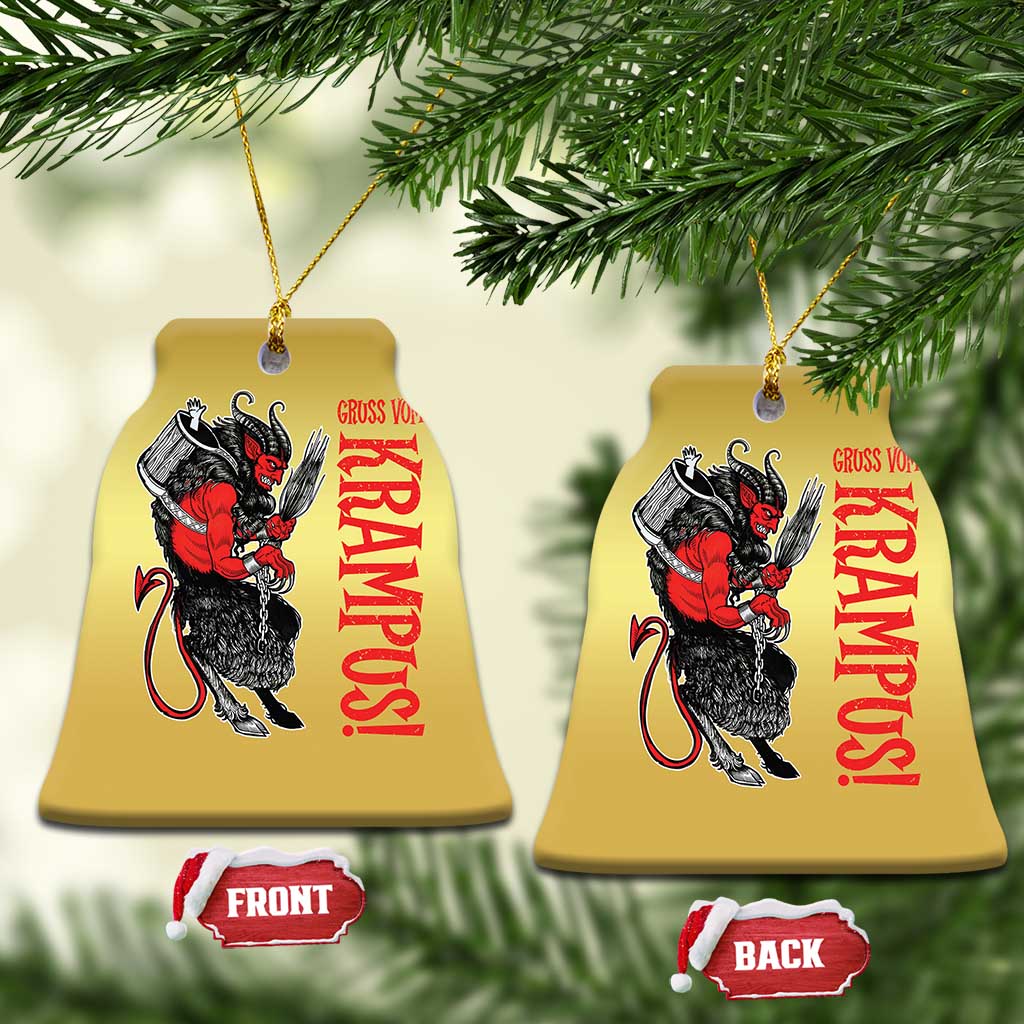 Gold bell-shaped Krampus ornaments with red lettering and devil figure; FRONT and BACK tags