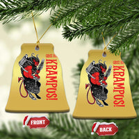 Gold bell-shaped Krampus ornaments with red lettering and devil figure; FRONT and BACK tags