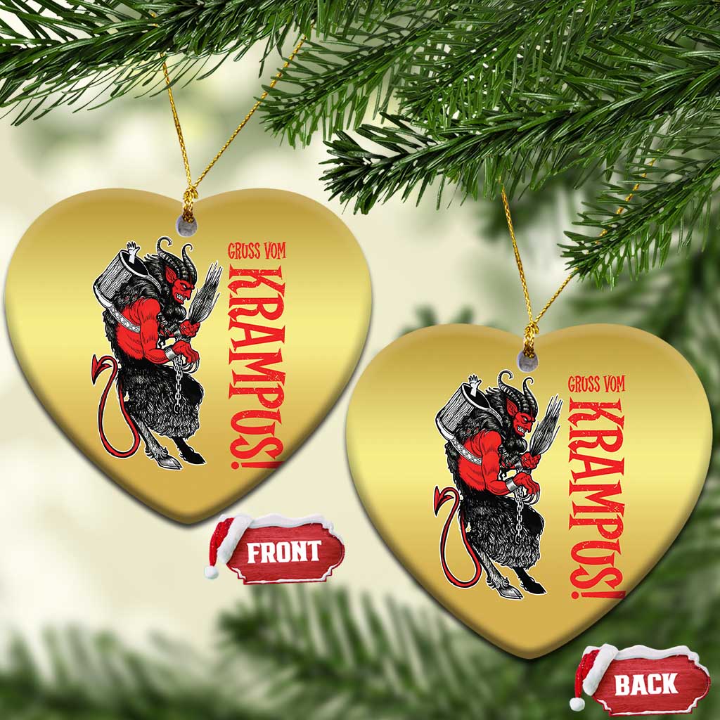 Gold heart-shaped Krampus ornaments with red lettering and devil figure; two hanging pieces