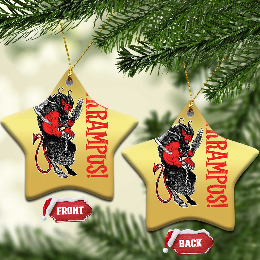Gold star-shaped Krampus ornaments with red lettering and devil figure; FRONT and BACK tags