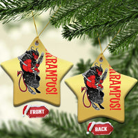 Gold star-shaped Krampus ornaments with red lettering and devil figure; FRONT and BACK tags