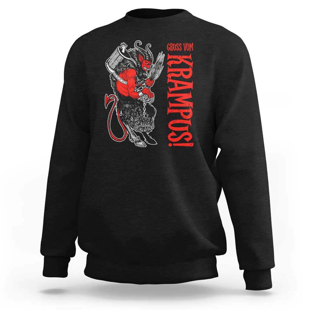 Black crewneck sweatshirt with red-and-black Krampus graphic and vertical text