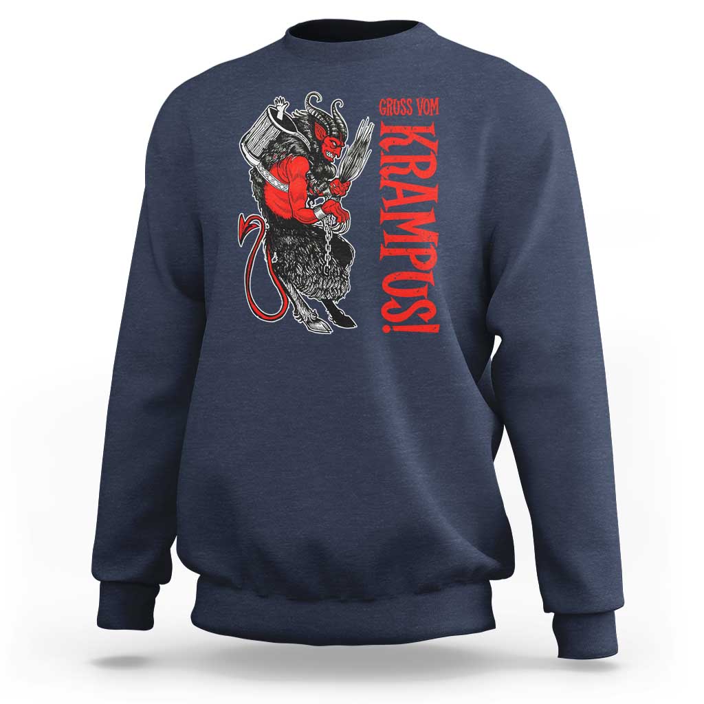Navy crewneck sweatshirt with red-and-black Krampus graphic and vertical text